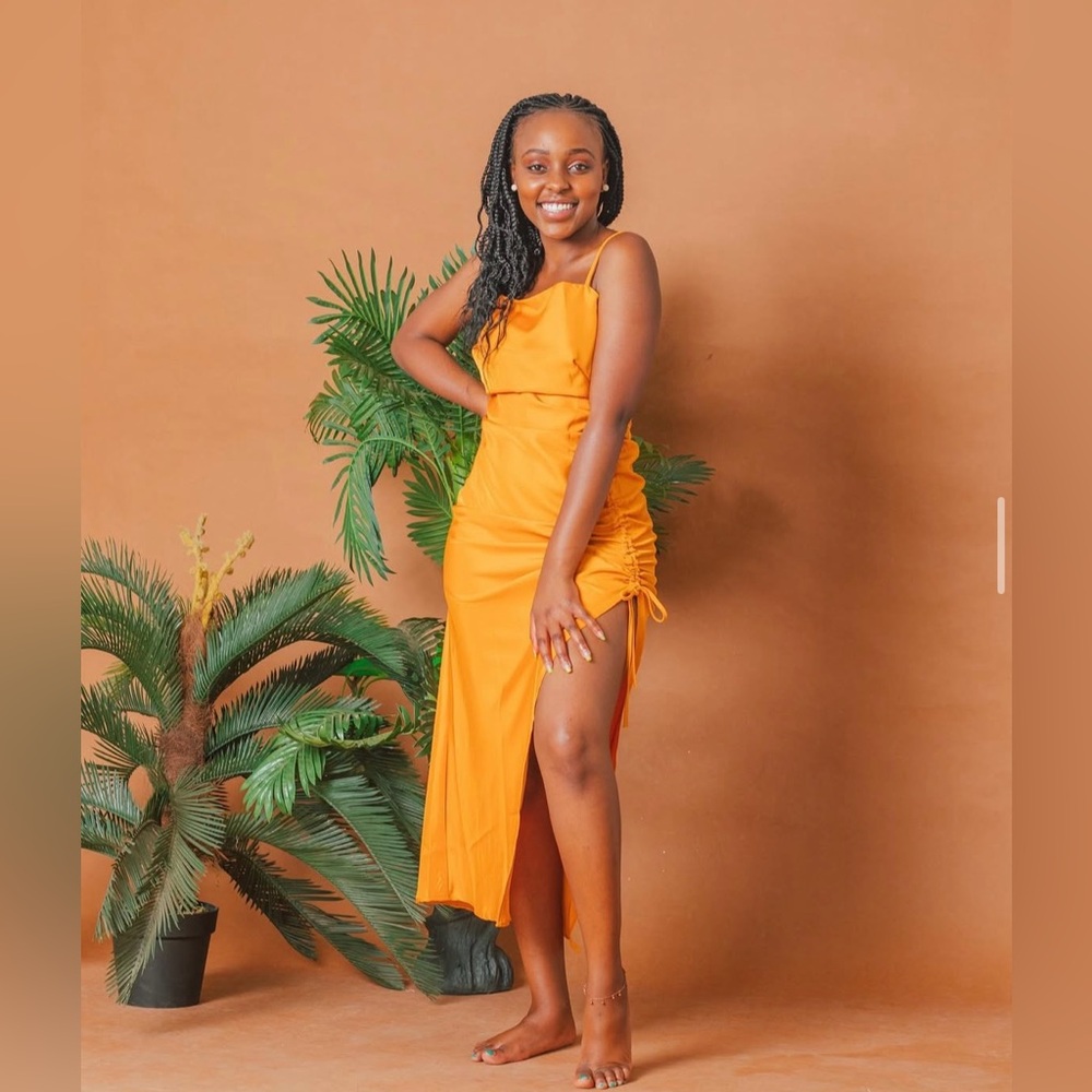 Orange Midi Asymmetrical Square Neck Dress with Slit and Ruching